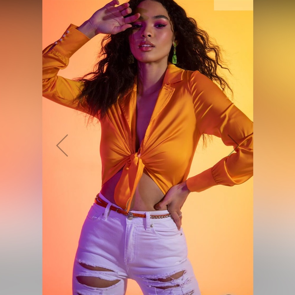 Akira Satin Tie Front Bodysuit in Neon Orange